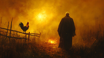 Obraz premium Saint Peter walking away from a glowing firepit, his hands loosely at his sides, a rooster perched still on a fence highlighted by the first light of dawn, subtle mist and intricate textures,