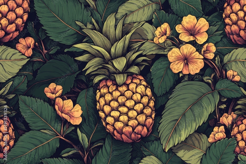 Poster Vivid tropical seamless pattern of pineapples and flowers on lush green foliage creating a vibrant design for textiles. Generative AI