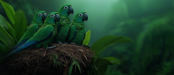 A vibrant scene featuring a group of green parrots perched on a nest amidst lush greenery. The serene atmosphere captures the beauty of wildlife in its natural habitat.