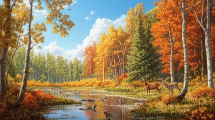 Fototapeta premium Autumnal forest scene with deer and otters by a calm stream.