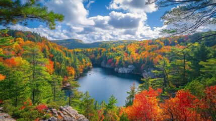 Naklejka premium Aerial view of vibrant autumn foliage surrounding a serene lake.