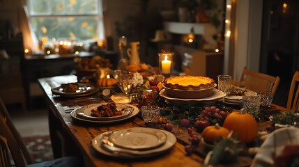 cozy autumn thanksgiving dinner table with roasted turkey