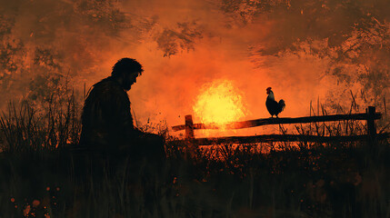 Saint Peter weeping by a flickering fire, his face illuminated by warm orange light, the rooster perched on a wooden fence in the distance silhouetted against a darkened sky,
