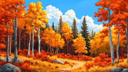 Vibrant autumn forest scene with a dirt path winding through colorful trees and foliage under a bright blue sky.