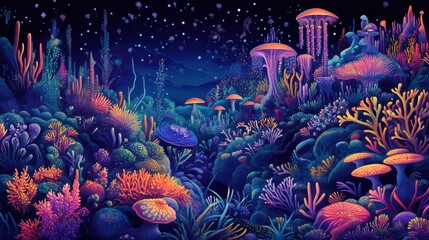 Bioluminescent Underwater Fantasy Forest Scene