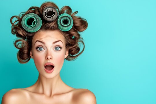 Surprised young woman with vibrant curls wearing hair rollers in a bright turquoise background