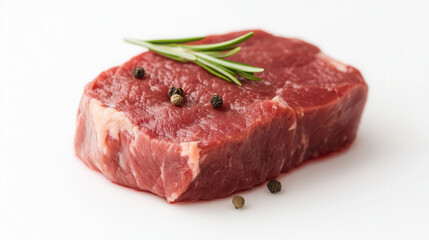 Obraz premium Close-up of fresh beef meat with rosemary and peppercorns on a white background for culinary inspiration. food background