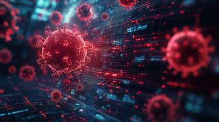 3D Render of a Red Virus Particle in a Futuristic Digital Environment, Microbiology Concept
