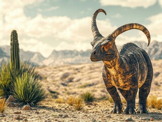 Realistic Dinosaur in a Desert Landscape with Mountains and Cactus for Educational Use