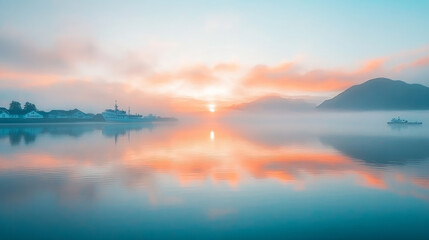 serene sunrise seascape with misty harbor and calm water reflections in peaceful coastal landscape featuring boats and pastel colors