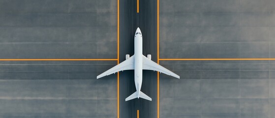 Aerial view of a modern airplane on the runway, showcasing the impressive design and structure of the aircraft against the geometric lines of the taxiway.