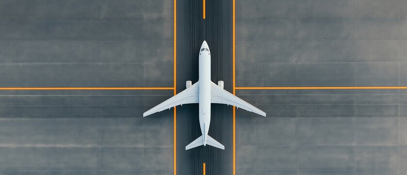 Aerial view of a modern airplane on the runway, showcasing the impressive design and structure of the aircraft against the geometric lines of the taxiway.