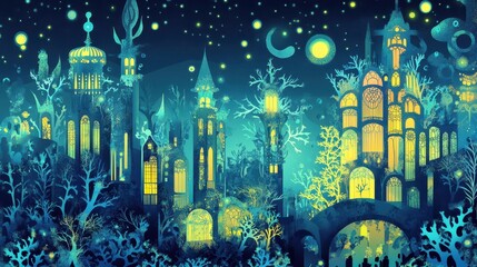Obraz premium Enchanting Illuminated Castle Town Under a Starry Night Sky