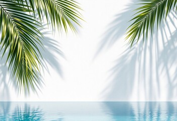 Fototapeta premium Tropical palm leaves over calm ocean water. Sunny beach paradise scene with green fronds and blue sea. Summer vacation backdrop for travel ads with copy space