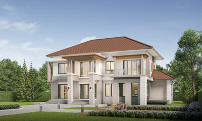 Modern house exterior day light with lawn grass.3d rendering