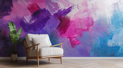 Stylish modern armchair placed near a soft-colored wall in a bright, empty space, clean lines, minimal details, style book illustration