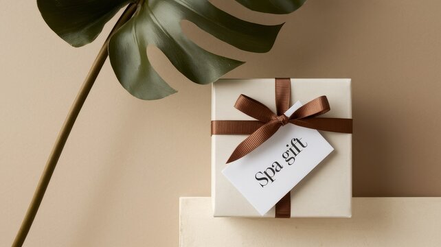 Elegant Spa Gift Box With Brown Ribbon And Leaf