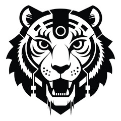 Cyberpunk mechanical tiger head logo design in black and white silhouette vector isolated on white background