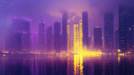 Fototapeta premium A vibrant, futuristic city skyline illuminated in purple hues.