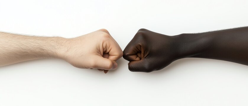 An image depicting two diverse hands engaging in a fist bump, symbolizing unity and friendship across different cultures. A powerful statement on acceptance and inclusivity.