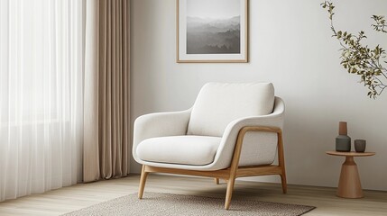 Obraz premium Stylish modern armchair placed near a soft-colored wall in a bright, empty space, clean lines, minimal details, style book illustration