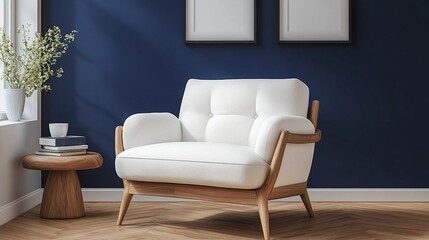 Stylish modern armchair placed near a soft-colored wall in a bright, empty space, clean lines, minimal details, style book illustration