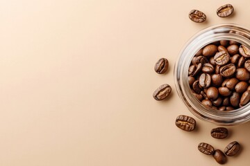 Stylish flat lay of plant based bag filled with roasted coffee beans on a beige background