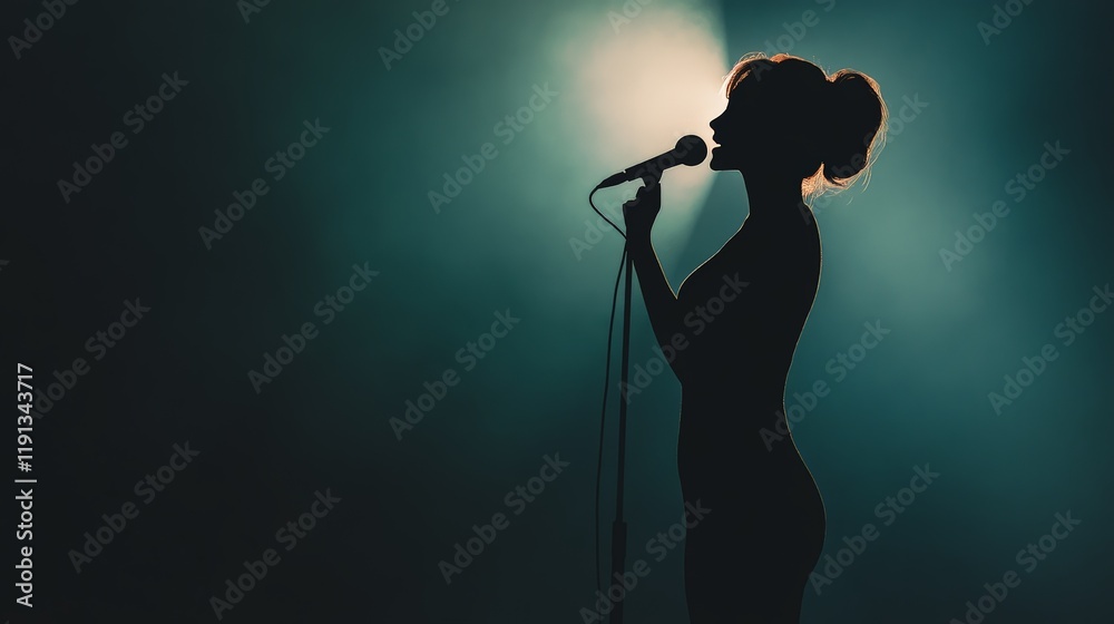 Poster silhouette of a female singer passionately singing into a microphone on a dimly lit stage, illuminat