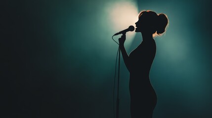 Silhouette of a female singer passionately singing into a microphone on a dimly lit stage, illuminated by a spotlight, creating a dramatic and captivating atmosphere