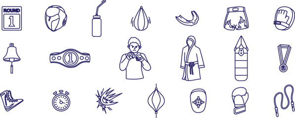 Set of boxing icons. Gradient style icon bundle. Collection of sports equipment and text. Isolated hand drawn outline  .