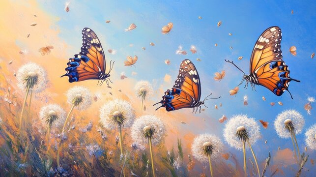 Fototapeta Three monarch butterflies in flight over a field of dandelions at sunset.