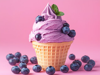 Blueberry Bliss Ice Cream: A delectable scoop of vibrant purple blueberry ice cream, adorned with fresh blueberries and a sprig of mint.
