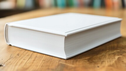 A blank book resting on a wooden table.