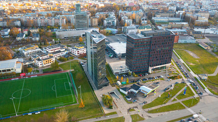 Aerial photo from drone to the modern district of Skanste in Riga. The Skanste district is also home to the large Arena Riga. Riga, Latvia (Series) © Sandis