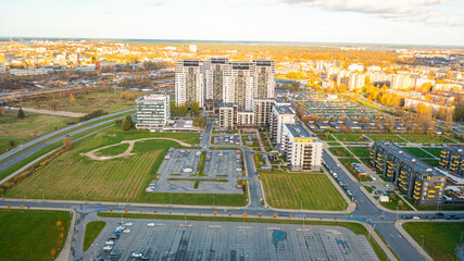 Aerial photo from drone to the modern district of Skanste in Riga. The Skanste district is also home to the large Arena Riga. Riga, Latvia (Series) © Sandis