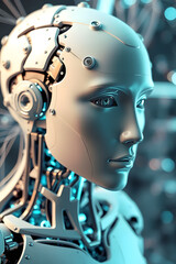 Futuristic humanoid robot with glowing circuits in a digital environment.