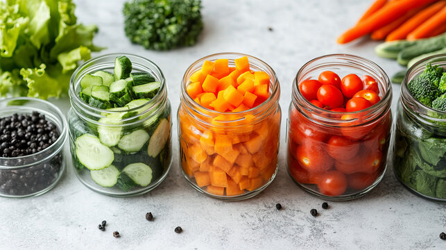 healthy meal prep with chopped vegetables in organized mason jar storage for salads featuring cucumber, carrot, tomato, and butternut squash for clean eating recipes