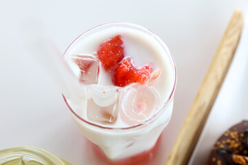 Strawberry latte in a cup
