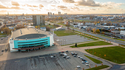 Aerial photo from drone to the modern district of Skanste in Riga. The Skanste district is also home to the large Arena Riga. Riga, Latvia (Series) © Sandis
