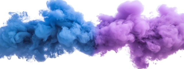 Blue and purple smoke puffs merging isolated on white and transparent background