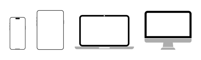Set of monitor, laptop, tablet, and smartphone for design presentations and UI mockups. Stock vector illustration.