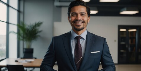 Fototapeta premium A confident Latino businessman in a tailored suit, standing tall in an office, smiling with a strong presence