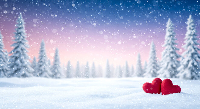 A serene snowy landscape with a soft gradient sky transitioning from pink to blue, depicting dusk. Snow gently falls over a row of frosted evergreen trees in the distance, while a hint of red in the l