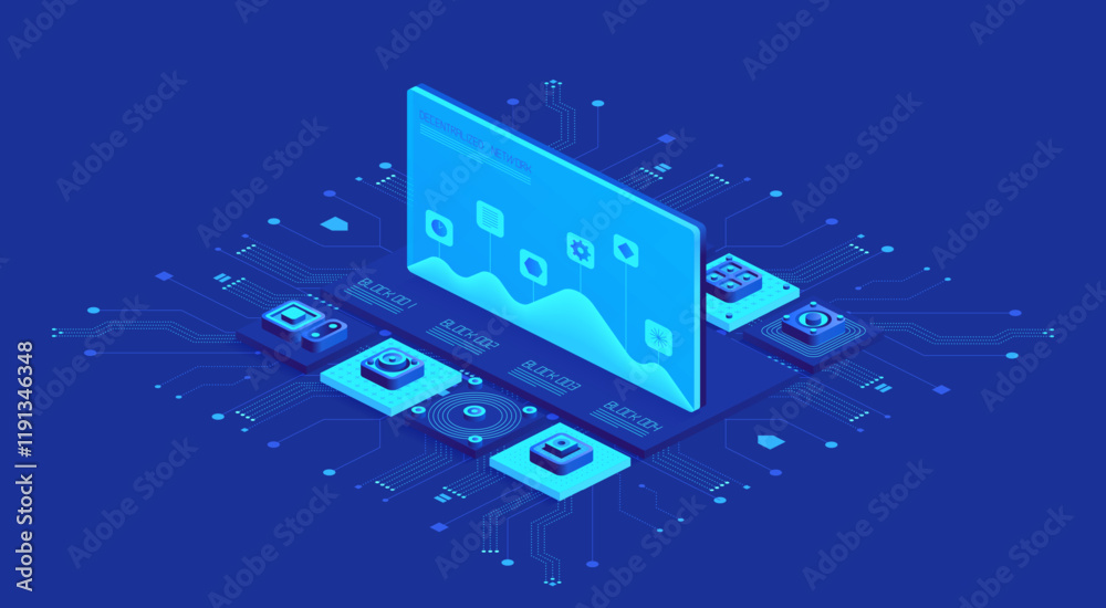 Poster decentralized network visualization with interconnected blocks labeled block 001 to block 004, showc