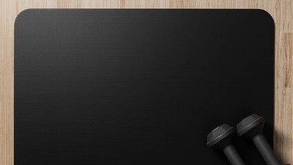 Top view of black exercise mat with dumbbells in corner perfect for fitness concepts