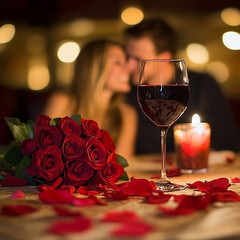 Romantic Valentine's Day dinner with an elegantly set table, including lit candles, wine glasses, and an intimate atmosphere. The details evoke love and celebration, with warm and soft tones