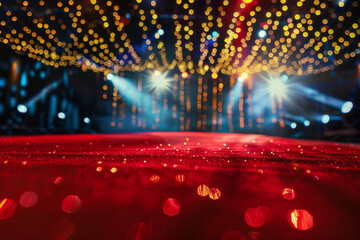 Red Theater Stage with Dramatic Lighting and Velvet Curtains, Elegant Performance Venue Setup with Spotlight and Theatrical Atmosphere