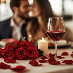 Romantic Valentine's Day dinner with an elegantly set table, including lit candles, wine glasses, and an intimate atmosphere. The details evoke love and celebration, with warm and soft tones