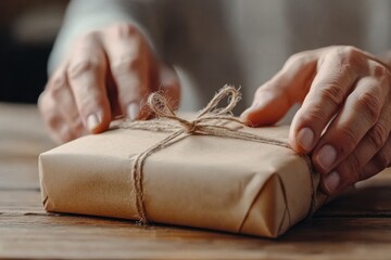 Fototapeta premium Hands wrapping a gift in kraft paper with twine in a cozy living room on a bright day