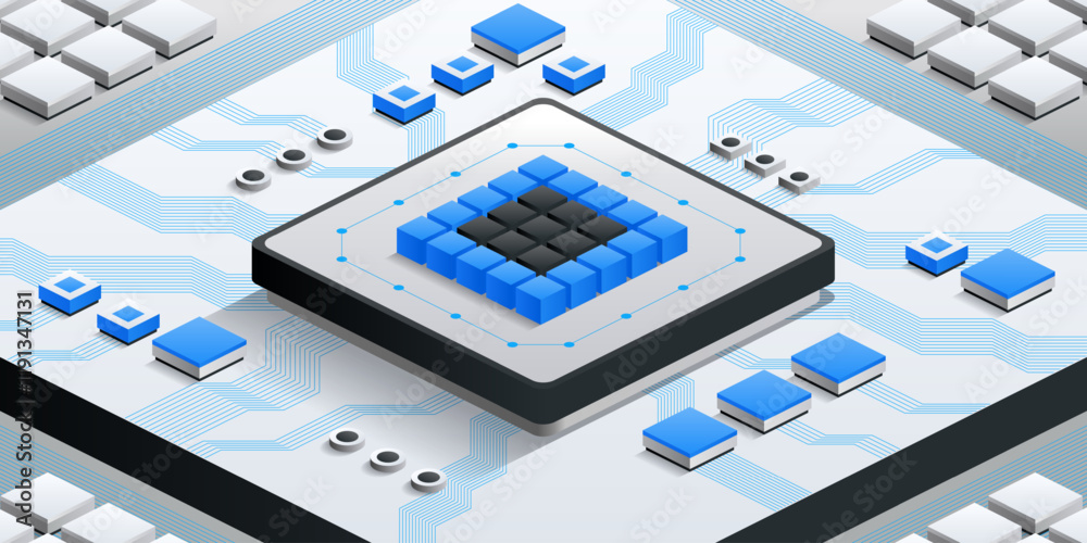 Poster futuristic microchip network. advanced microchip design with blue and black 3d blocks and circuits s